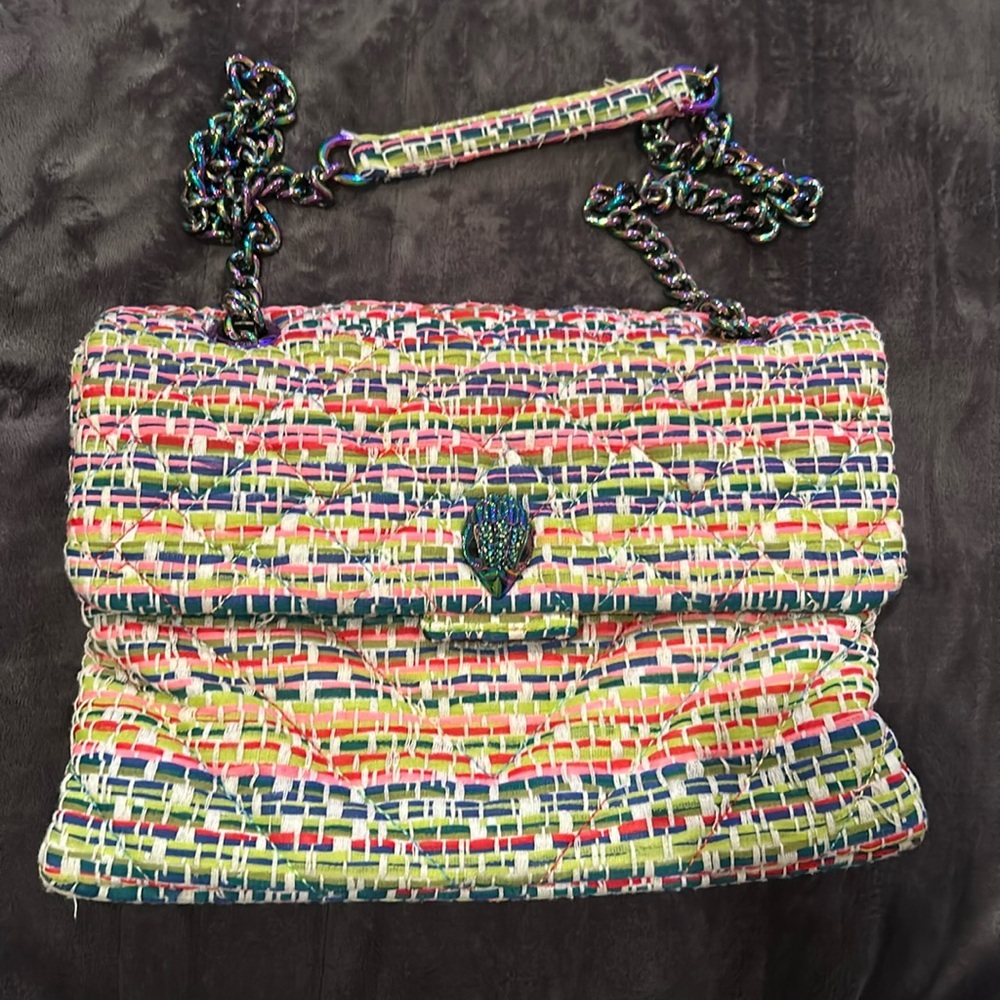 Kurt Geiger London tweed shoulder bag in rainbow colors.